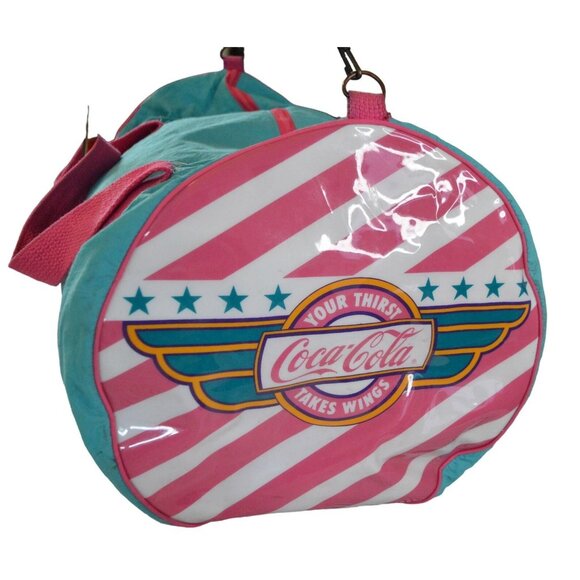 Vintage Coca-Cola Duffle Bag Teal & Pink Striped with Logo Nylon - Picture 1 of 12